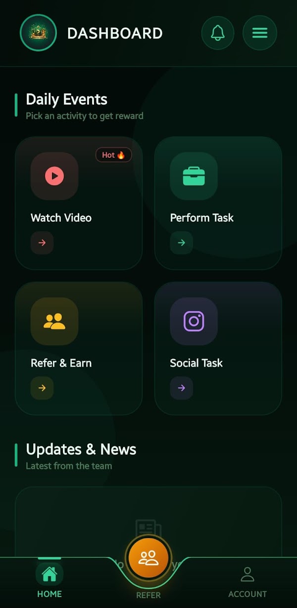 Reward Video dashboard with Watch Video, Perform Task, Refer & Earn and Social Task activities
